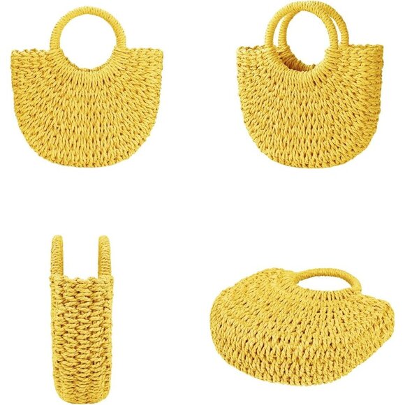 Woven Straw Beach Bag for Womem Top Handle Yellow Crossbody and Shoulder Strap - Picture 3 of 6